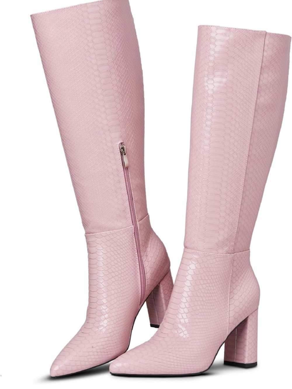 Tall Pink Snake-Embossed Block Heel Boots